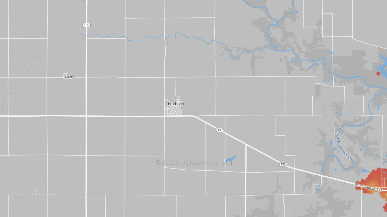 Walk Grade map of 61930, IL, walkable areas in green and car-dependent areas in red