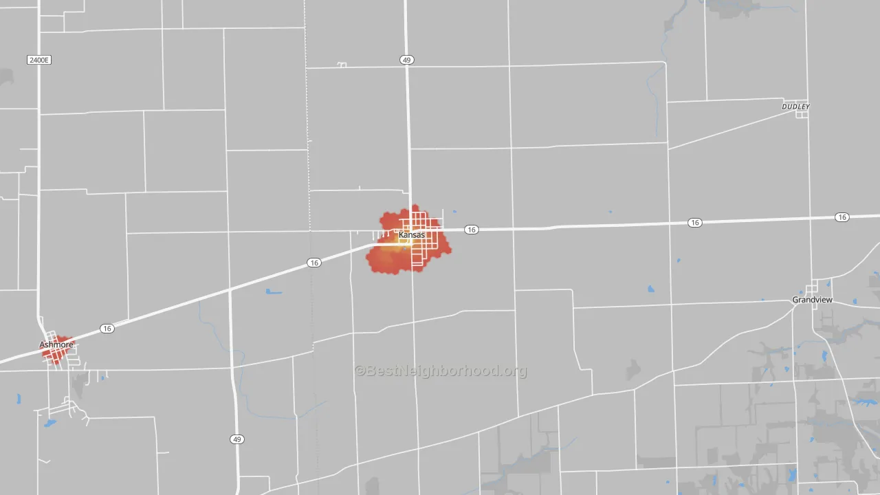 Walk Grade map of 61933, IL, walkable areas in green and car-dependent areas in red