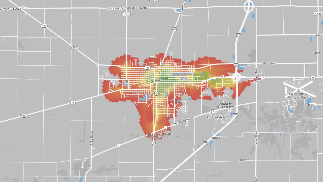 Walk Grade map of 61938, IL, walkable areas in green and car-dependent areas in red
