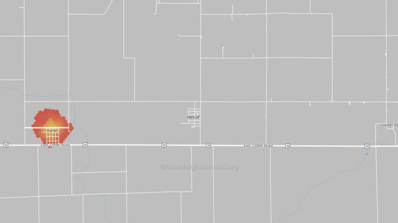 Walk Grade map of 61940, IL, walkable areas in green and car-dependent areas in red