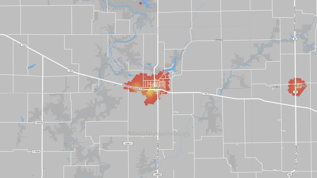 Walk Grade map of 61943, IL, walkable areas in green and car-dependent areas in red