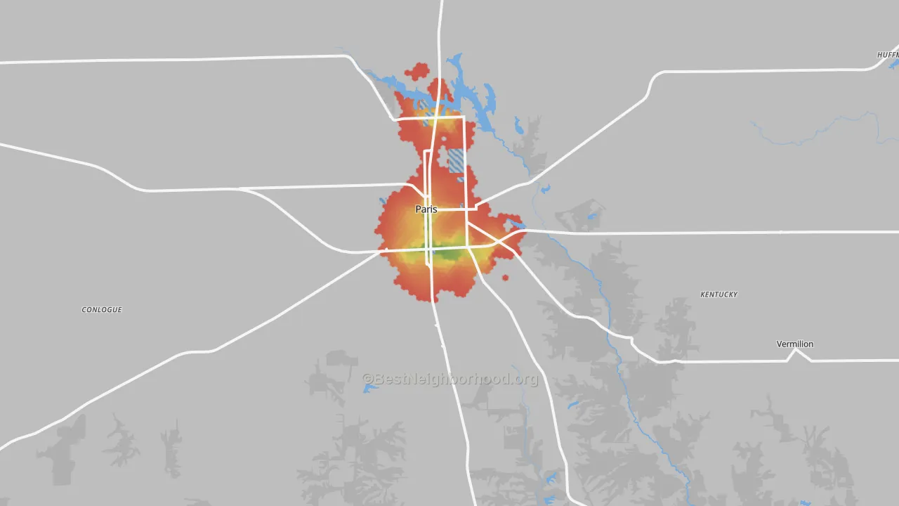 Walk Grade map of 61944, IL, walkable areas in green and car-dependent areas in red