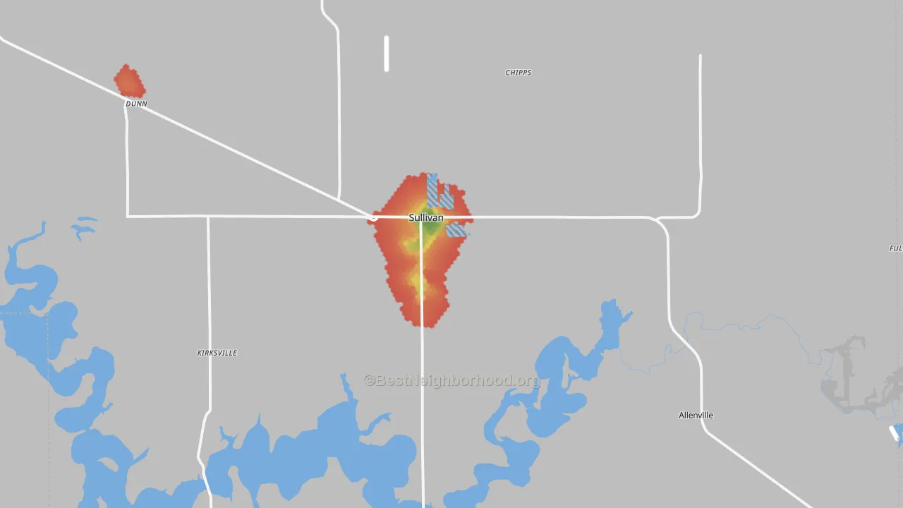 Walk Grade map of 61951, IL, walkable areas in green and car-dependent areas in red