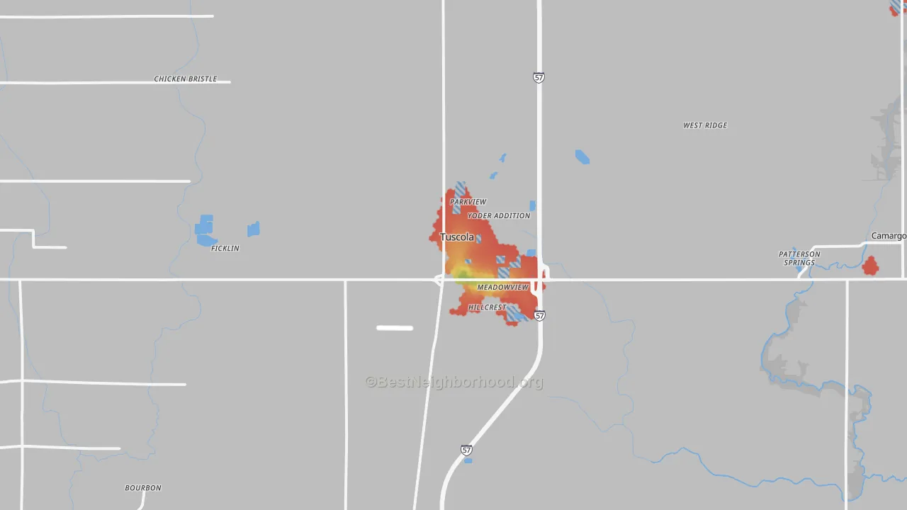 Walk Grade map of 61953, IL, walkable areas in green and car-dependent areas in red