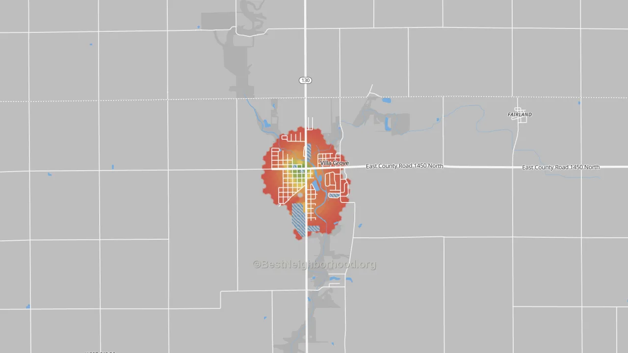 Walk Grade map of 61956, IL, walkable areas in green and car-dependent areas in red
