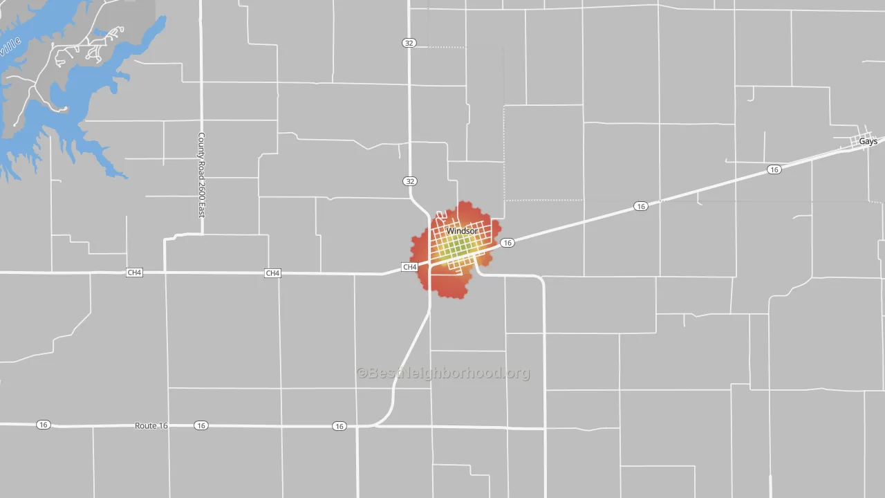 Walk Grade map of 61957, IL, walkable areas in green and car-dependent areas in red