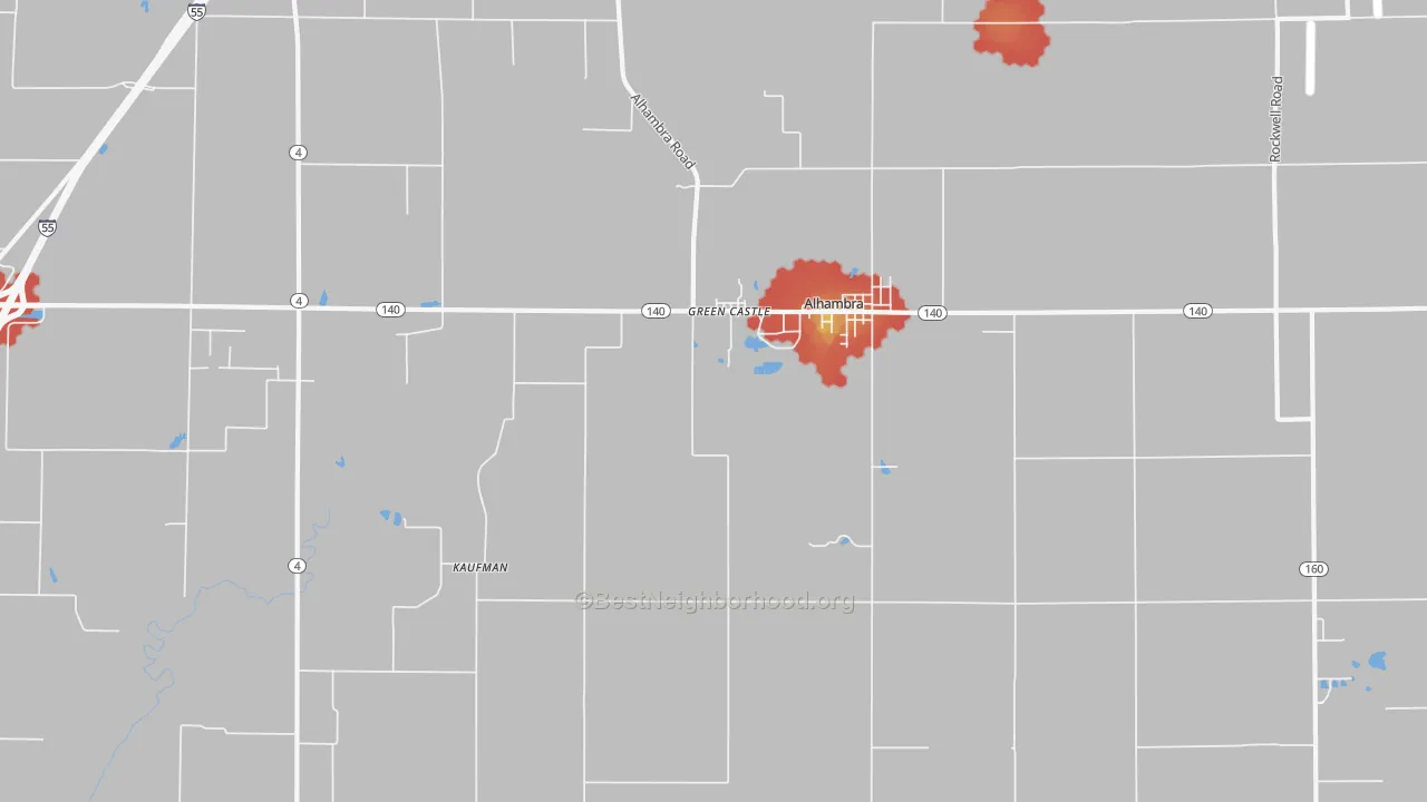 Walk Grade map of 62001, IL, walkable areas in green and car-dependent areas in red