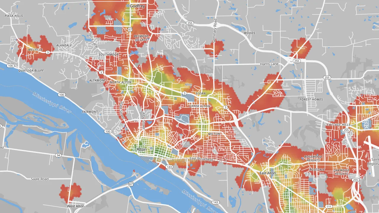 Walk Grade map of 62002, IL, walkable areas in green and car-dependent areas in red