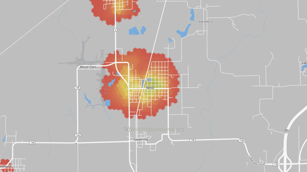 Walk Grade map of 62009, IL, walkable areas in green and car-dependent areas in red