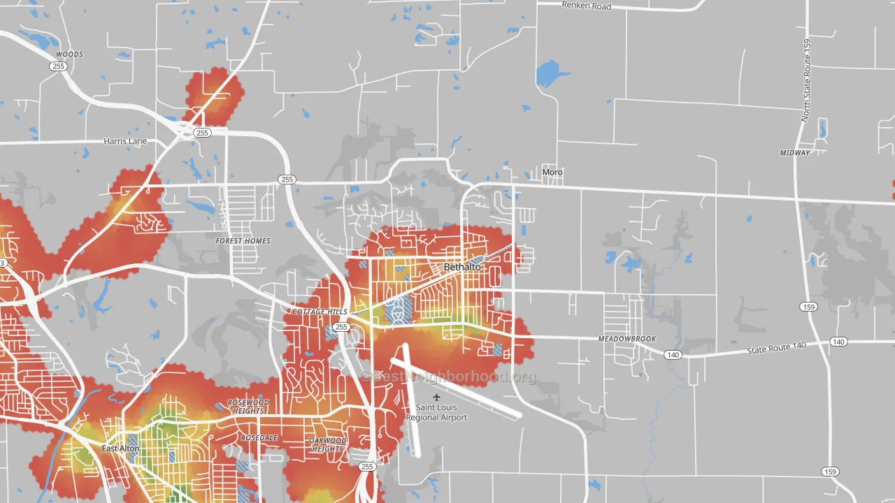 Walk Grade map of 62010, IL, walkable areas in green and car-dependent areas in red