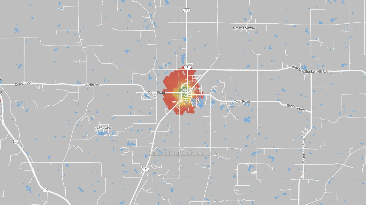 Walk Grade map of 62012, IL, walkable areas in green and car-dependent areas in red