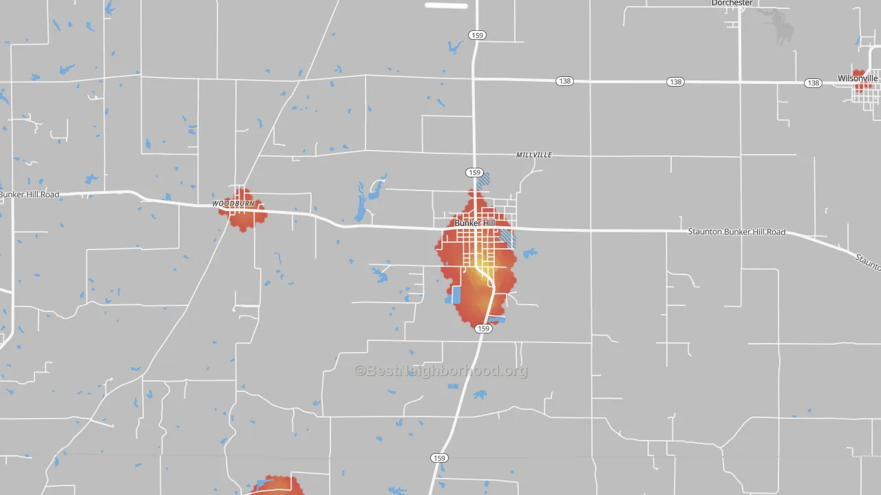 Walk Grade map of 62014, IL, walkable areas in green and car-dependent areas in red