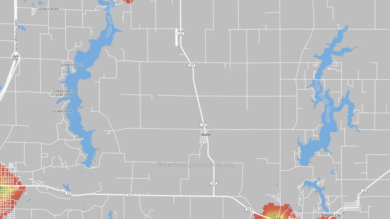 Walk Grade map of 62015, IL, walkable areas in green and car-dependent areas in red