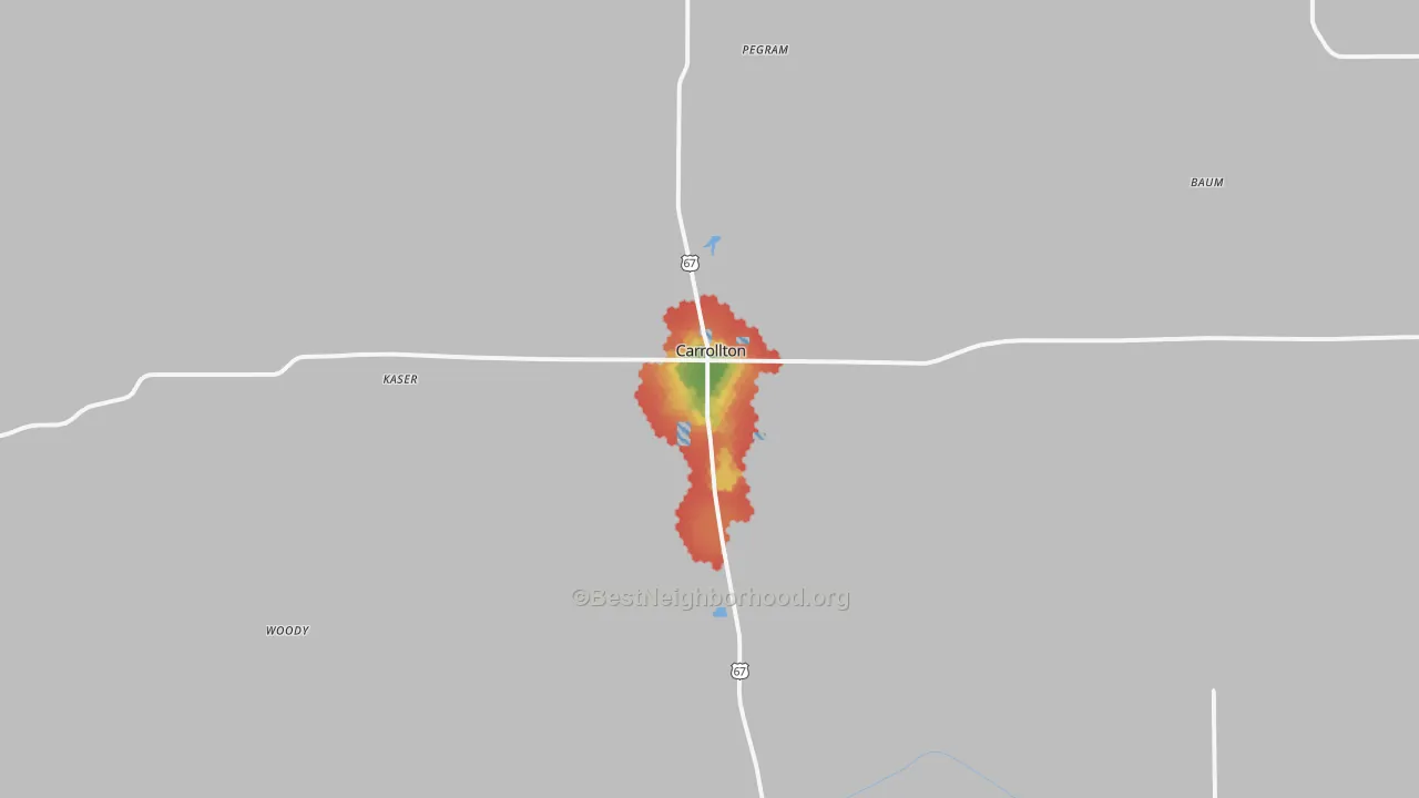 Walk Grade map of 62016, IL, walkable areas in green and car-dependent areas in red