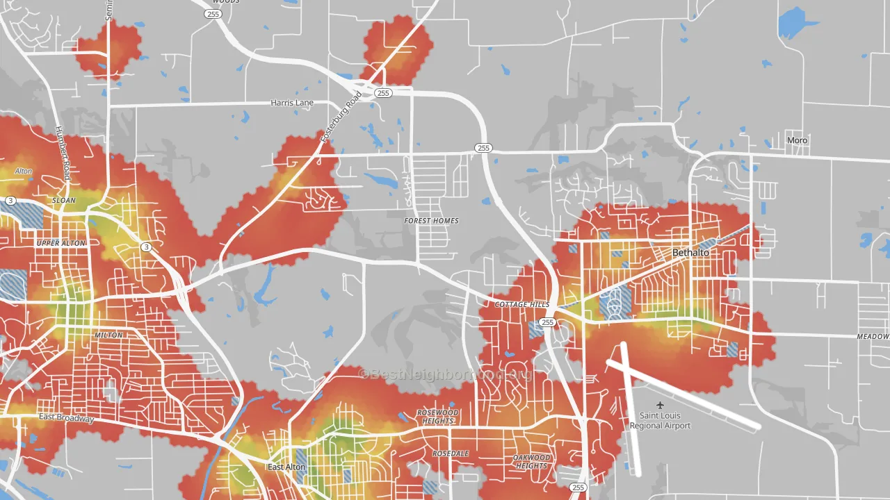 Walk Grade map of 62018, IL, walkable areas in green and car-dependent areas in red