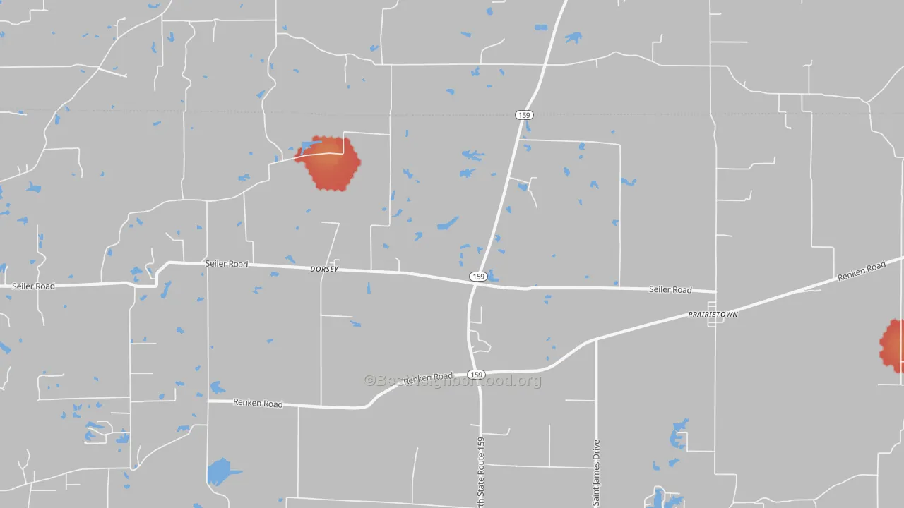 Walk Grade map of 62021, IL, walkable areas in green and car-dependent areas in red