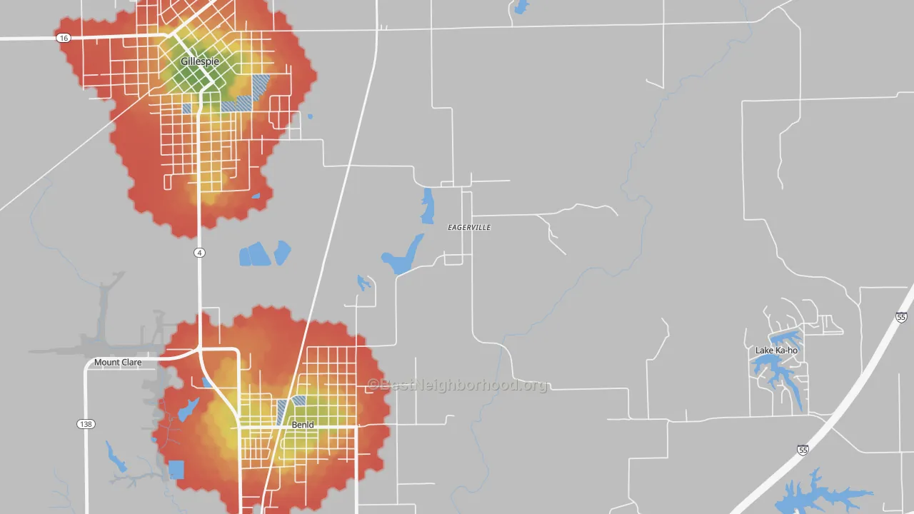 Walk Grade map of 62023, IL, walkable areas in green and car-dependent areas in red