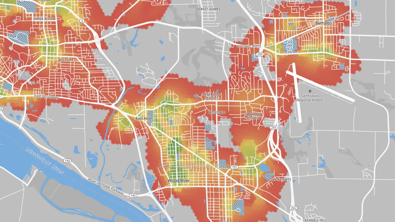 Walk Grade map of 62024, IL, walkable areas in green and car-dependent areas in red