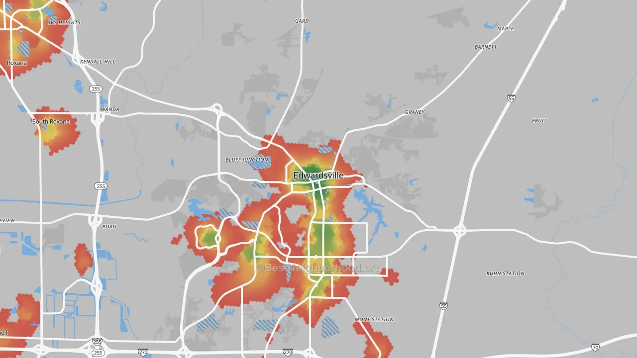 Walk Grade map of 62025, IL, walkable areas in green and car-dependent areas in red