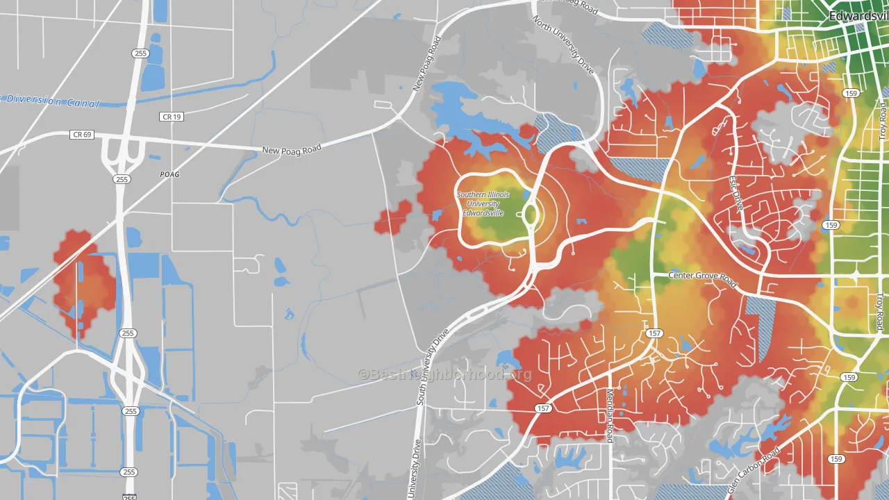 Walk Grade map of 62026, IL, walkable areas in green and car-dependent areas in red