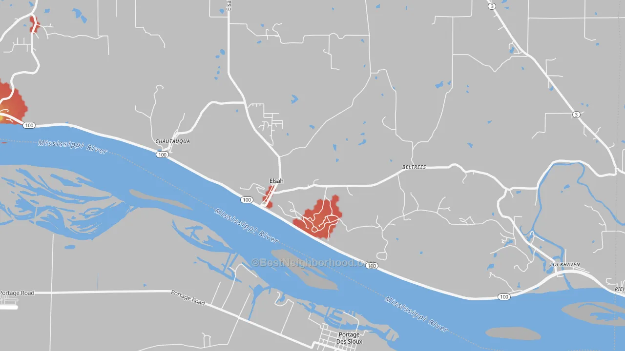 Walk Grade map of 62028, IL, walkable areas in green and car-dependent areas in red