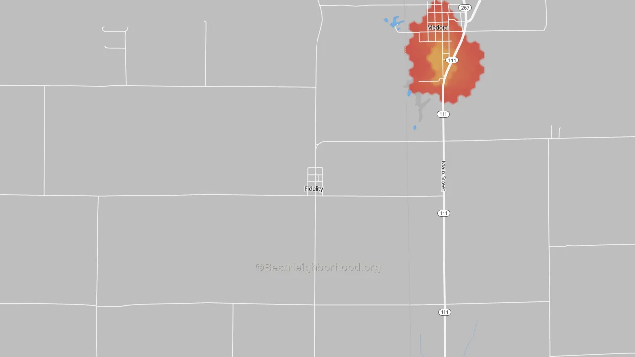 Walk Grade map of 62030, IL, walkable areas in green and car-dependent areas in red
