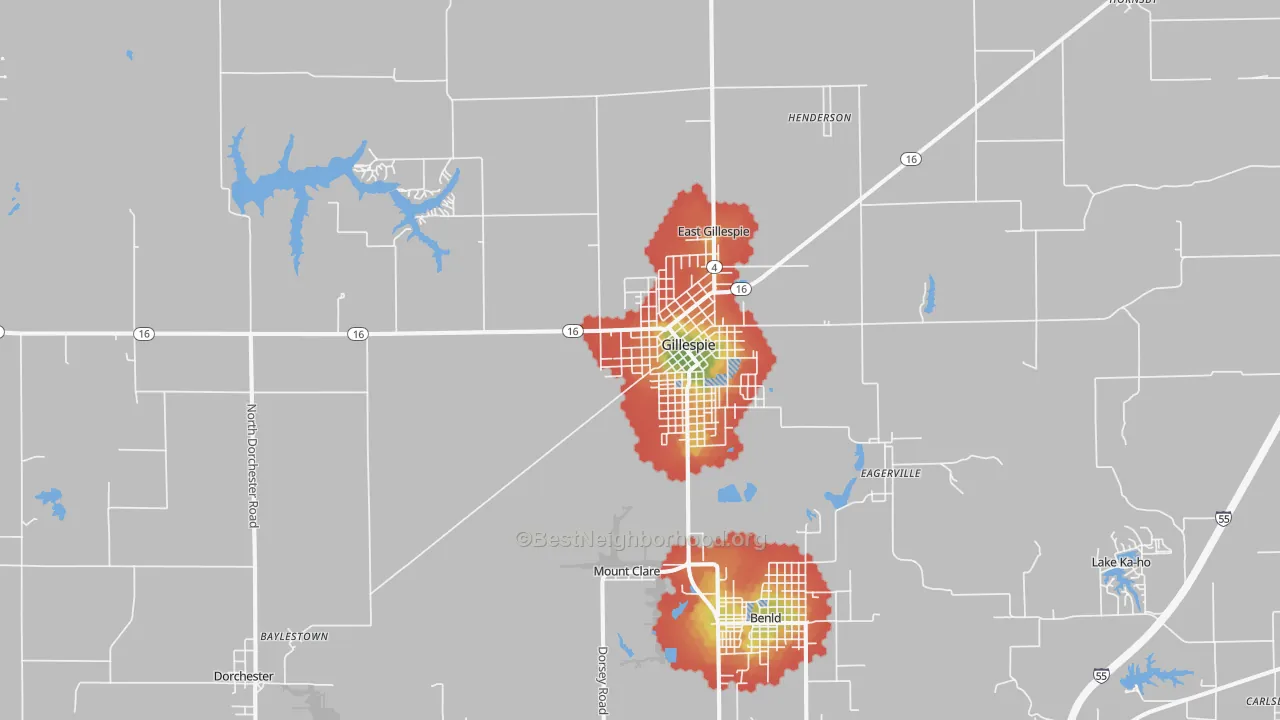 Walk Grade map of 62033, IL, walkable areas in green and car-dependent areas in red
