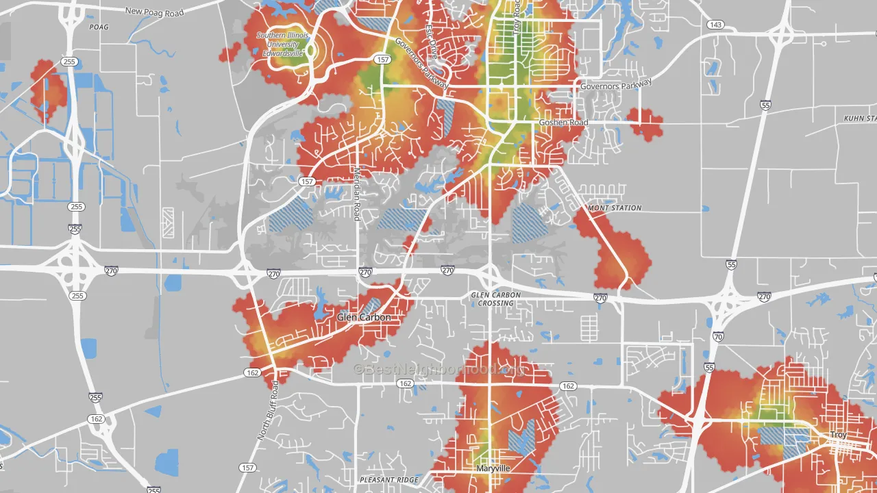Walk Grade map of 62034, IL, walkable areas in green and car-dependent areas in red