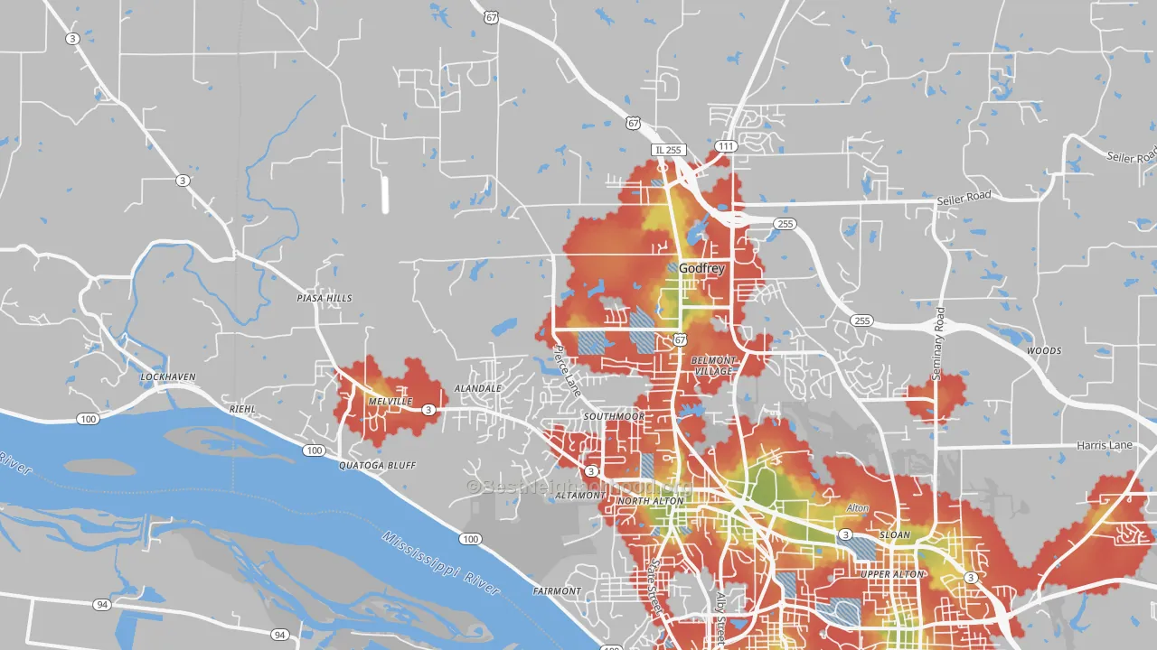 Walk Grade map of 62035, IL, walkable areas in green and car-dependent areas in red