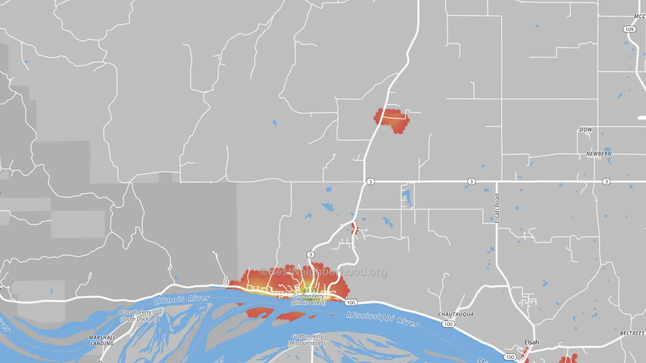 Walk Grade map of 62037, IL, walkable areas in green and car-dependent areas in red