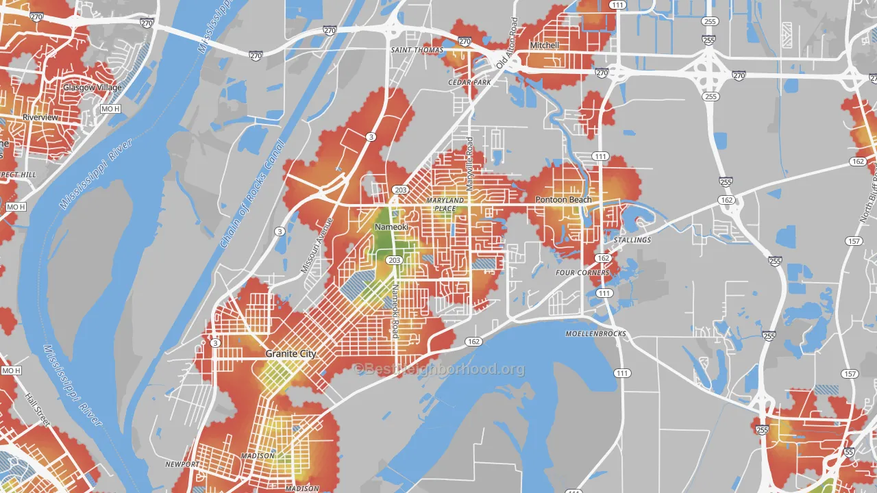 Walk Grade map of 62040, IL, walkable areas in green and car-dependent areas in red