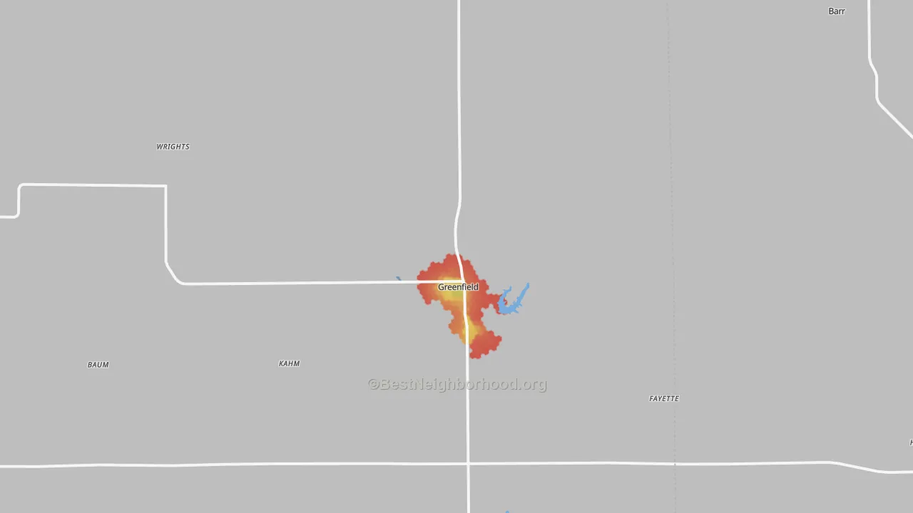 Walk Grade map of 62044, IL, walkable areas in green and car-dependent areas in red