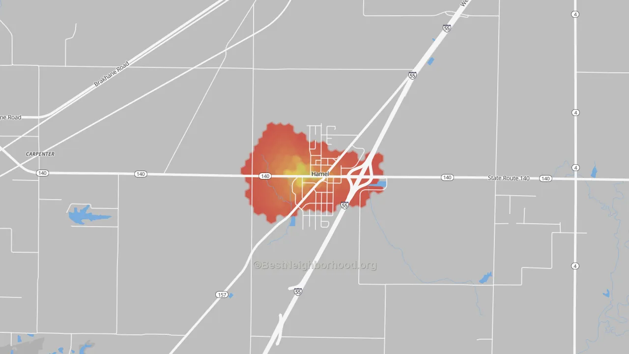 Walk Grade map of 62046, IL, walkable areas in green and car-dependent areas in red