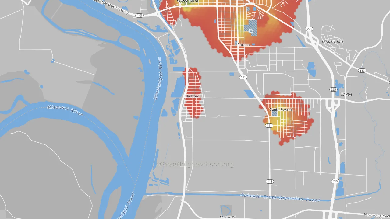 Walk Grade map of 62048, IL, walkable areas in green and car-dependent areas in red