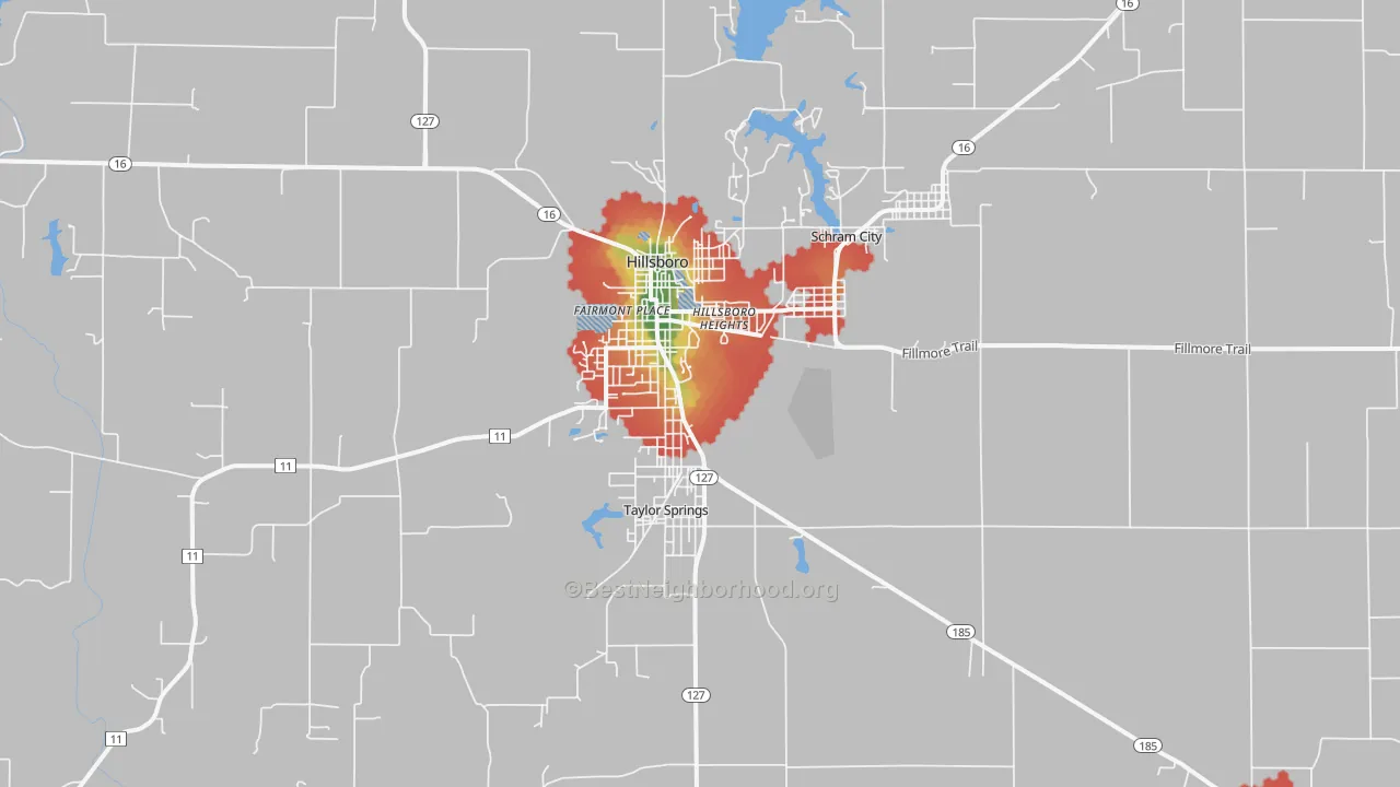 Walk Grade map of 62049, IL, walkable areas in green and car-dependent areas in red