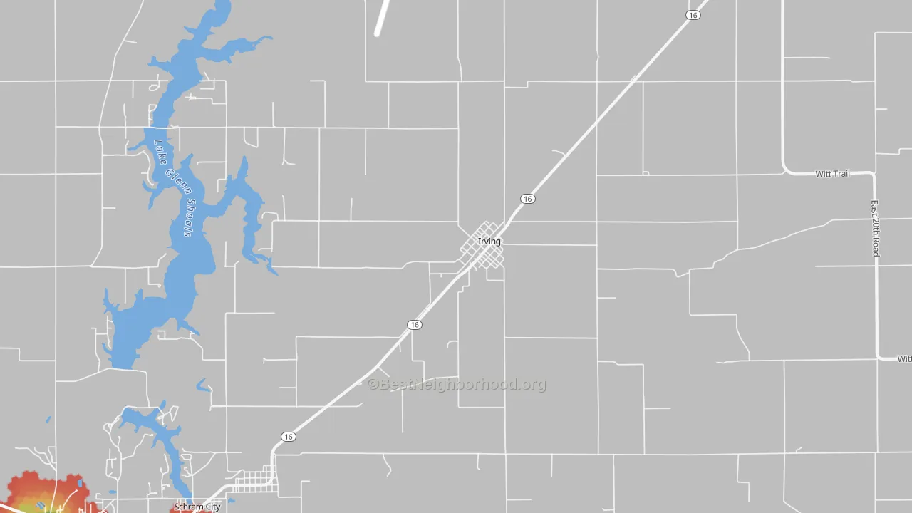 Walk Grade map of 62051, IL, walkable areas in green and car-dependent areas in red