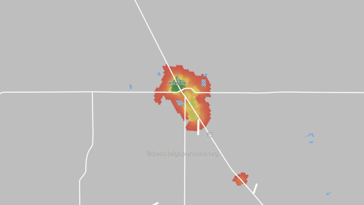 Walk Grade map of 62052, IL, walkable areas in green and car-dependent areas in red