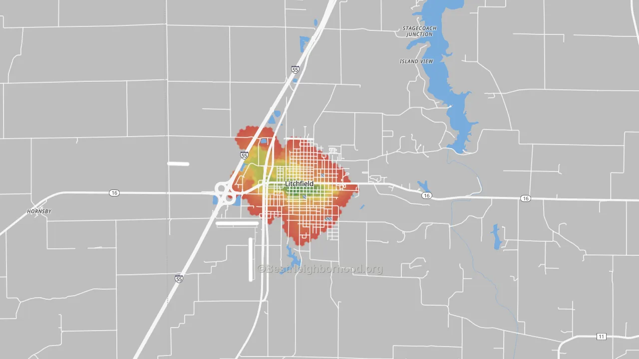 Walk Grade map of 62056, IL, walkable areas in green and car-dependent areas in red