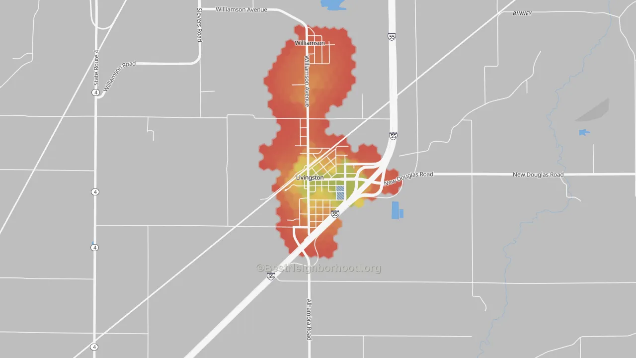Walk Grade map of 62058, IL, walkable areas in green and car-dependent areas in red