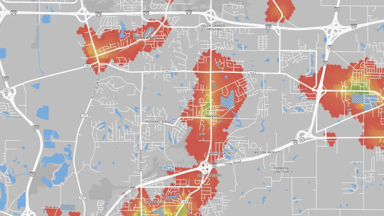 Walk Grade map of 62062, IL, walkable areas in green and car-dependent areas in red