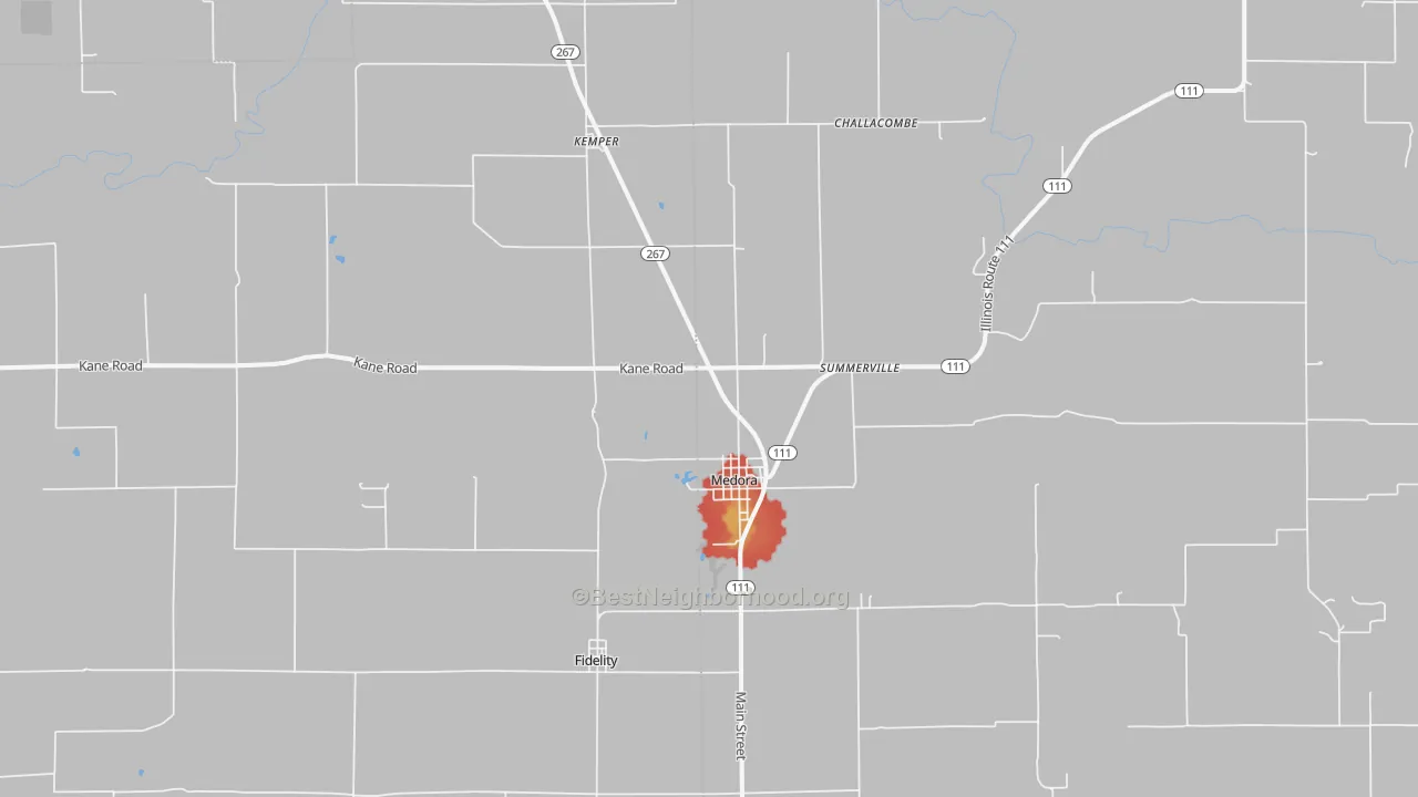 Walk Grade map of 62063, IL, walkable areas in green and car-dependent areas in red