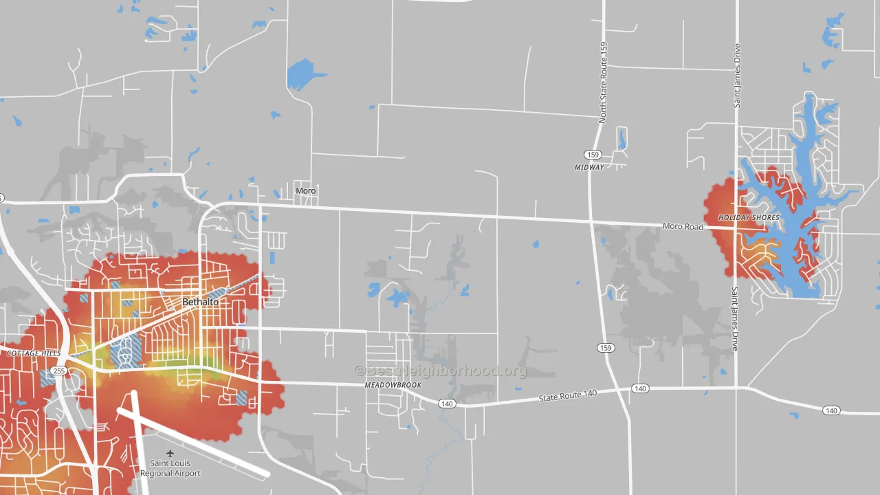 Walk Grade map of 62067, IL, walkable areas in green and car-dependent areas in red