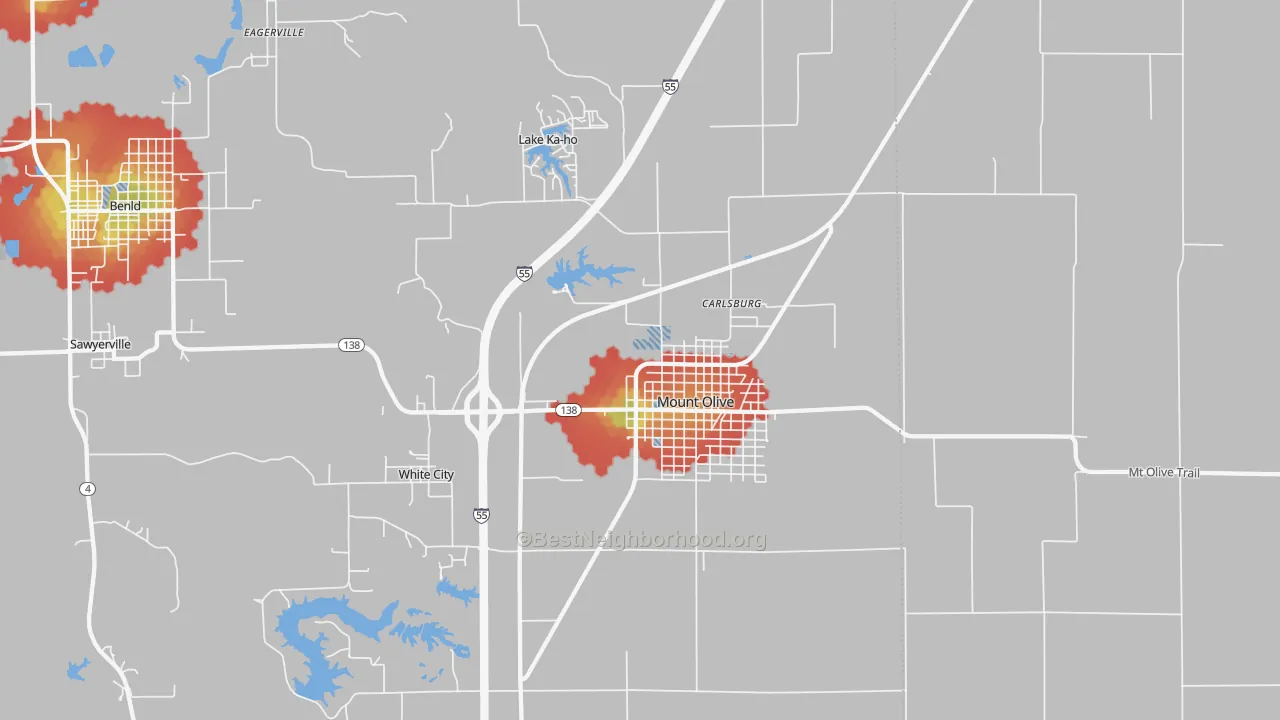 Walk Grade map of 62069, IL, walkable areas in green and car-dependent areas in red