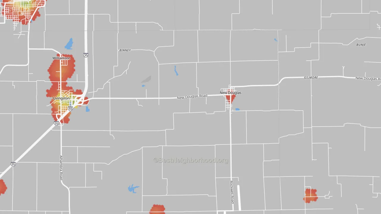 Walk Grade map of 62074, IL, walkable areas in green and car-dependent areas in red