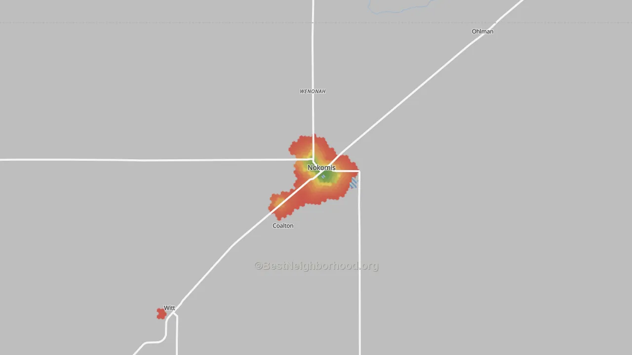 Walk Grade map of 62075, IL, walkable areas in green and car-dependent areas in red