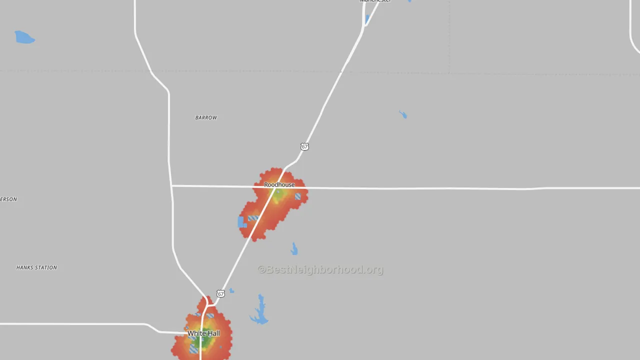 Walk Grade map of 62082, IL, walkable areas in green and car-dependent areas in red