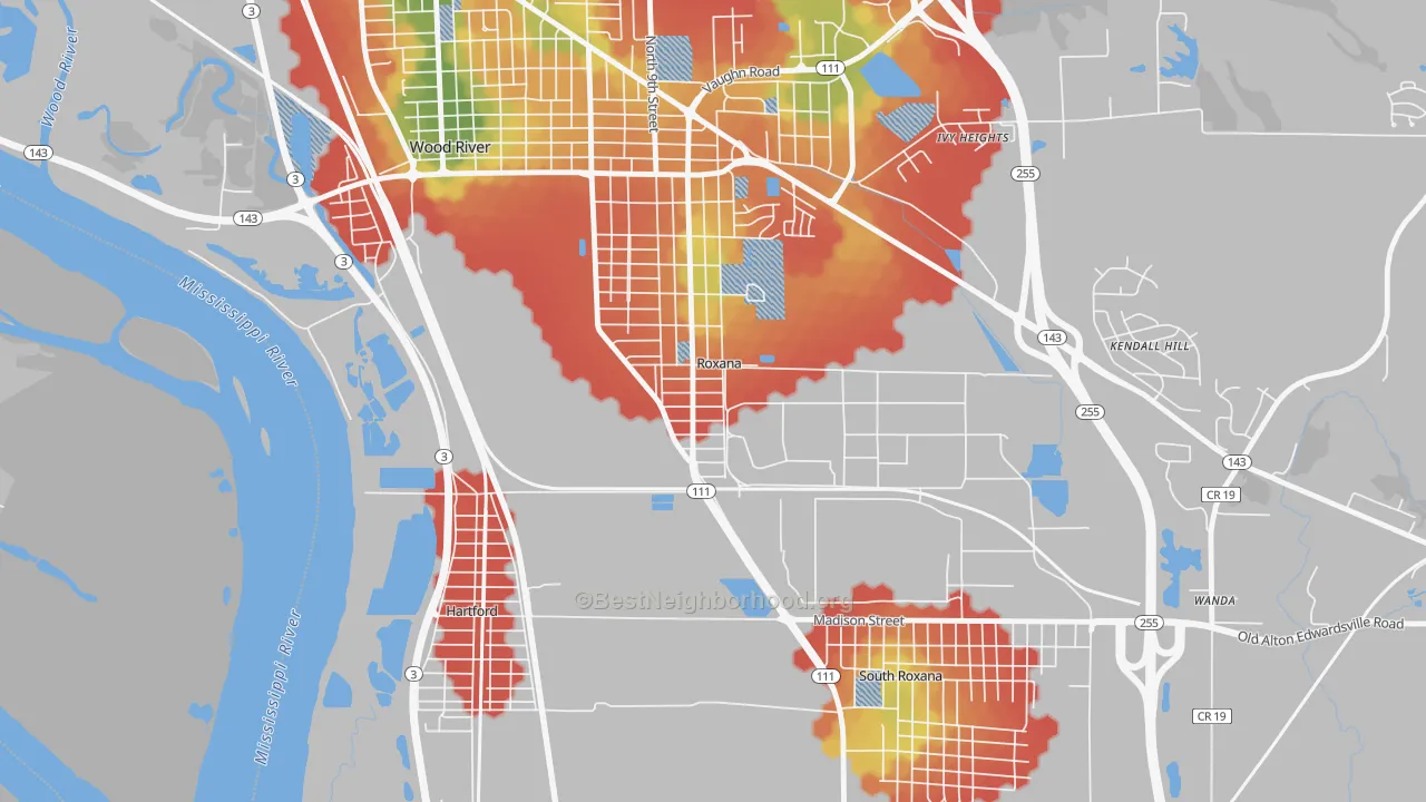 Walk Grade map of 62084, IL, walkable areas in green and car-dependent areas in red