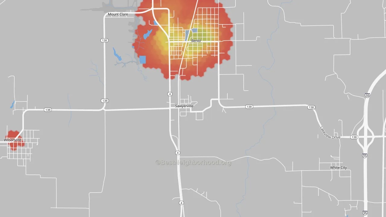 Walk Grade map of 62085, IL, walkable areas in green and car-dependent areas in red
