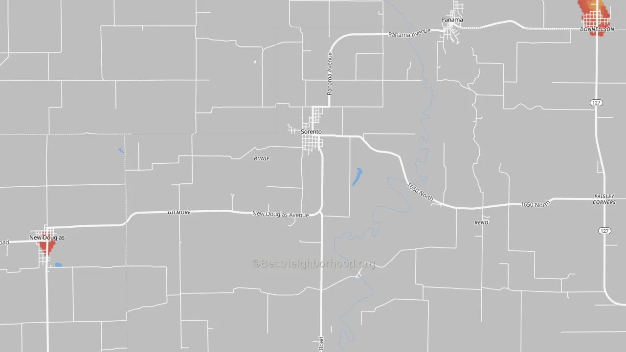 Walk Grade map of 62086, IL, walkable areas in green and car-dependent areas in red