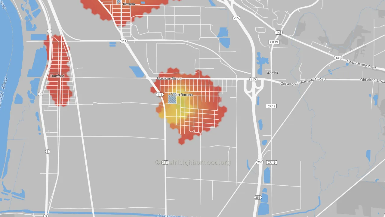 Walk Grade map of 62087, IL, walkable areas in green and car-dependent areas in red